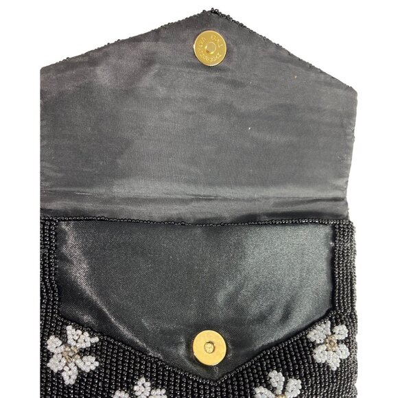 Handcrafted Women's Black Beaded Flowers Pattern Handbag Clutch Sz S - Picture 6 of 8